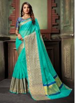 Weaving Cotton Silk Traditional Saree in Turquoise