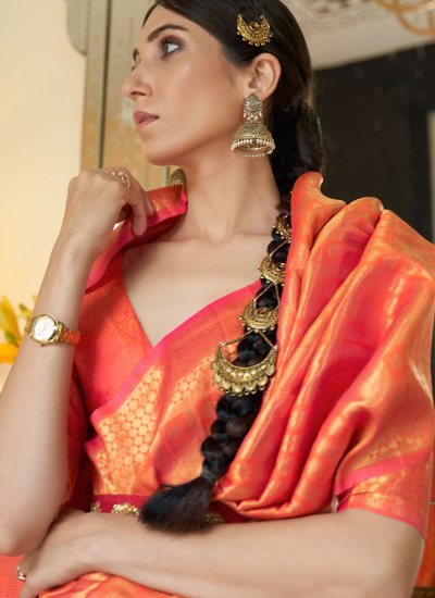 
                            Weaving Handloom silk Designer Traditional Saree in Orange