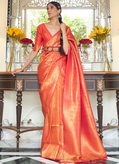Weaving Handloom silk Designer Traditional Saree in Orange