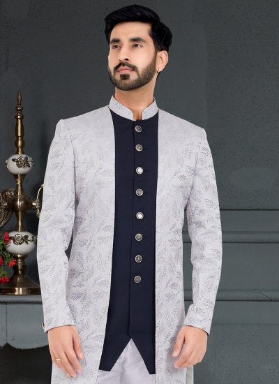 Weaving Jacquard Indo Western in Grey and Navy Blue