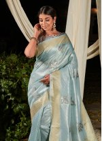 Weaving Linen Classic Designer Saree in Aqua Blue