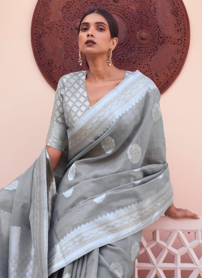 Weaving Linen Classic Saree in Grey