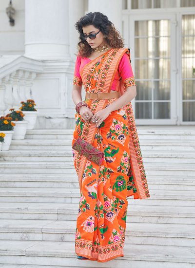 Weaving Patola Silk  Traditional Designer Saree in Orange