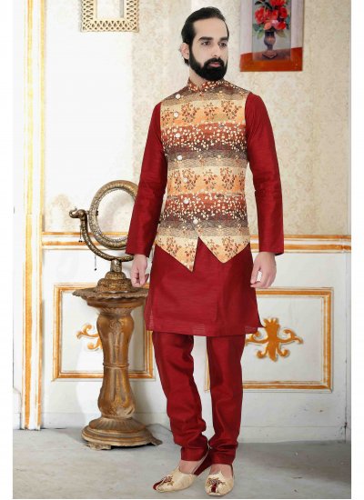 Weaving Polly Cotton Kurta Payjama With Jacket in Red