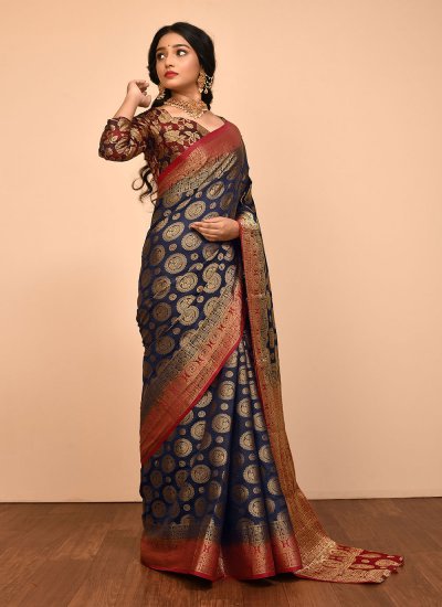 Weaving Silk Contemporary Saree in Navy Blue