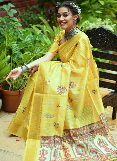 Weaving Tussar Silk Contemporary Saree in Yellow