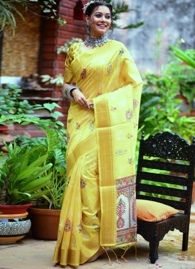 Weaving Tussar Silk Contemporary Saree in Yellow
