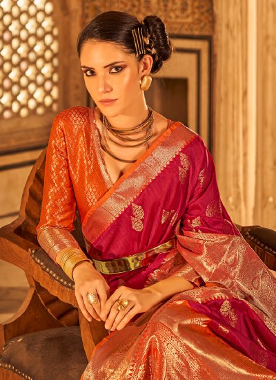 Weaving Tussar Silk Trendy Saree in Red