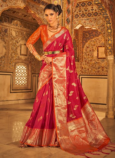 Weaving Tussar Silk Trendy Saree in Red
