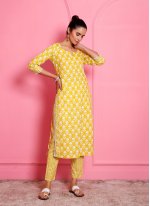 Whimsical Cotton Yellow Printed Pant Style Suit