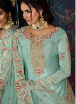 Whimsical Embroidered Turquoise Tussar Silk Designer Pakistani Suit