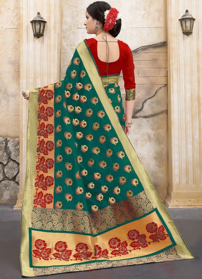 
                            Whimsical Weaving Sea Green Art Silk Traditional Designer Saree