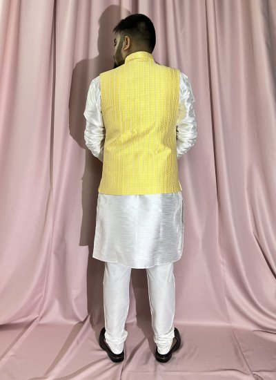 White and Yellow Jacquard Fancy Kurta Payjama With Jacket