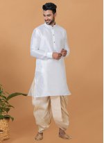 White Banarasi Silk Plain Dhoti Kurta