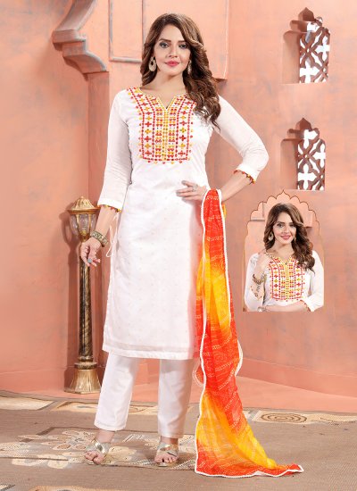 White Chanderi Silk Resham Readymade Salwar Suit