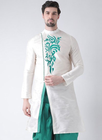 White Embroidered Art Dupion Silk Angrakha