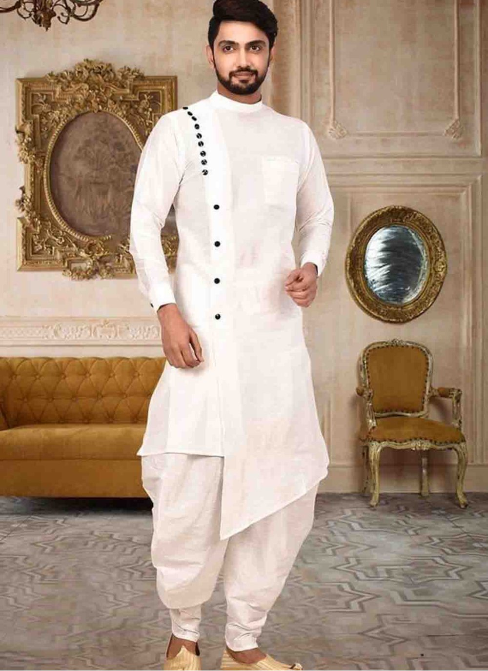 Plain Khadi Dhoti Sherwani Plain Dhoti And Angavastram Set With