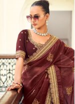 Wine Embroidered Contemporary Style Saree