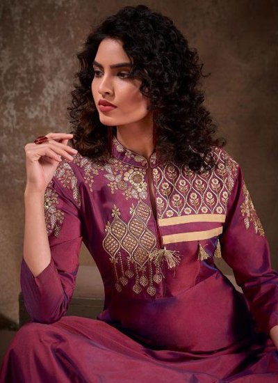 Wine Embroidered Silk Readymade Anarkali Salwar Suit