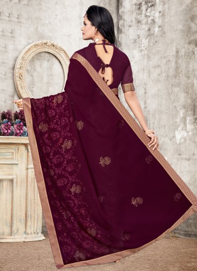 Wine Faux Georgette Embroidered Classic Saree