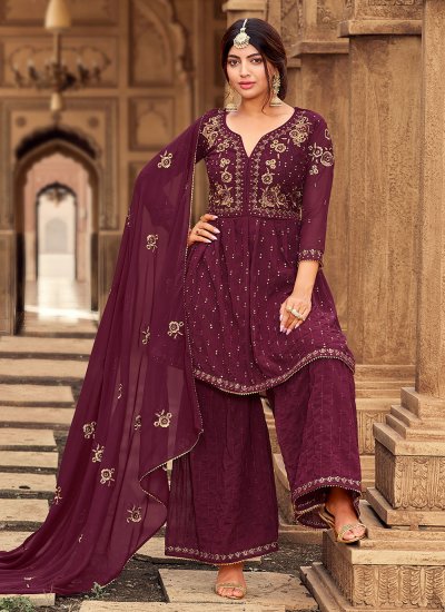 Wine Faux Georgette Embroidered Palazzo Salwar Suit