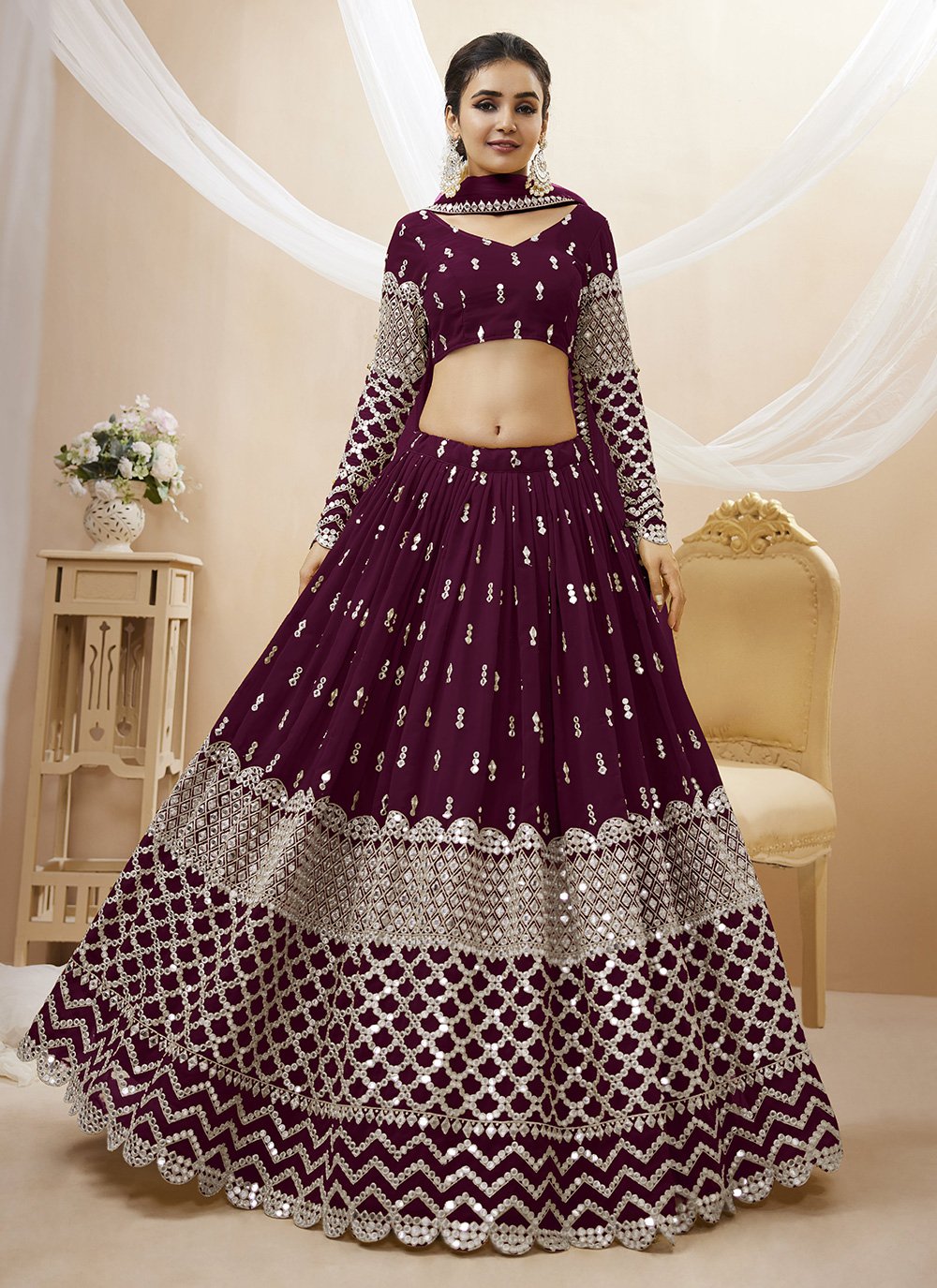 Wine Color Bridal Lehenga Choli in Crush Pattern Georgette With Sequins  Embroidery in USA, UK, Malaysia, South Africa, Dubai, Singapore