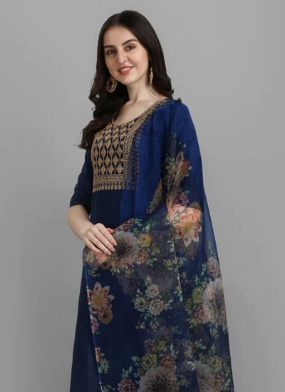 Winsome Blue Embroidered Silk Readymade Salwar Suit