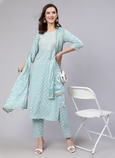 Wonderous Cotton Turquoise Embroidered Readymade Salwar Kameez