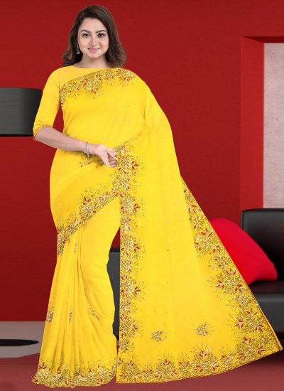 Wonderous Faux Georgette Yellow Embroidered Trendy Saree