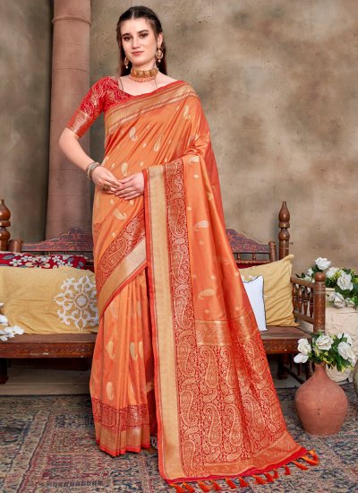 Wonderous Orange Weaving Silk Trendy Saree