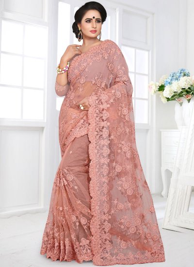 Wonderous Pink Embroidered Net Saree