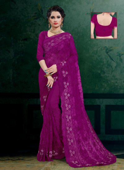 Wonderous Purple Embroidered Designer Saree