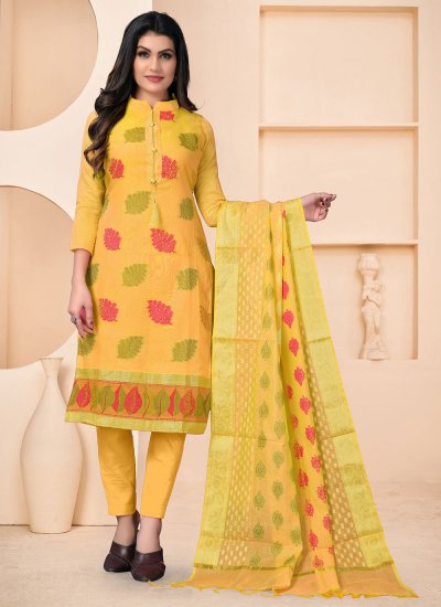Woven Banarasi Jacquard Pant Style Suit in Yellow