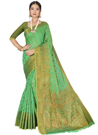 Woven Cotton Classic Designer Saree in Green