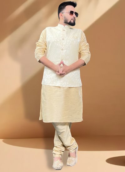 Woven Jacquard Nehru Jackets in Cream