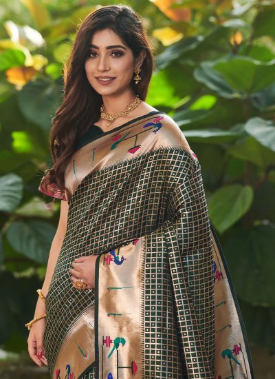 Woven Silk Contemporary Style Saree in Green