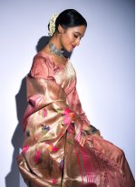Woven Tussar Silk Trendy Saree in Peach