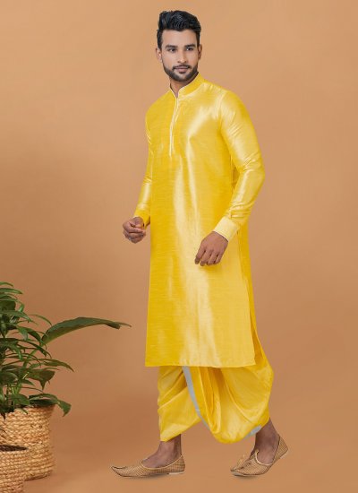 
                            Yellow Banarasi Silk Plain Dhoti Kurta