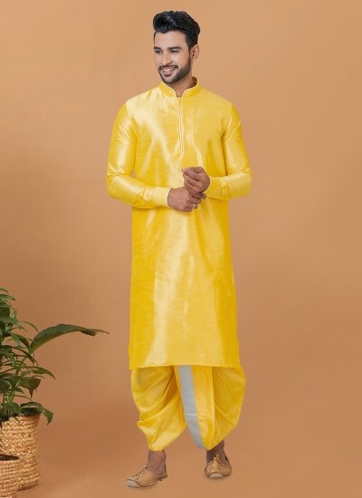 Yellow Banarasi Silk Plain Dhoti Kurta