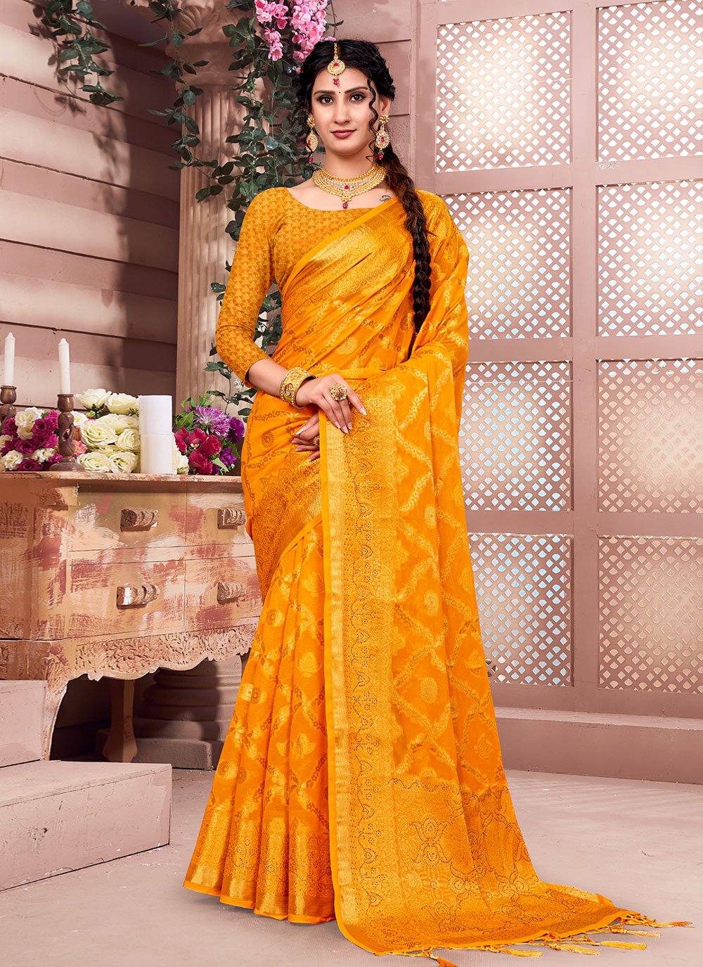 Yellow and Pink Zari Woven Banarasi Soft Silk Saree – Bahuji - Online  Fashion & Lifestyle Store