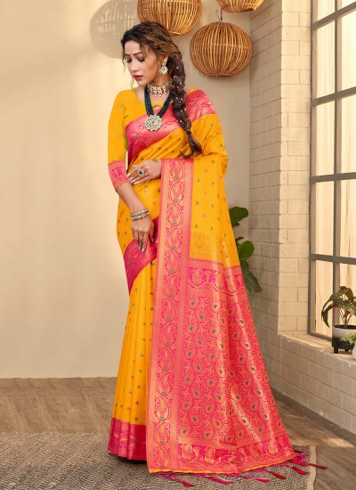 Yellow Banarasi Silk Weaving Designer Traditional Saree