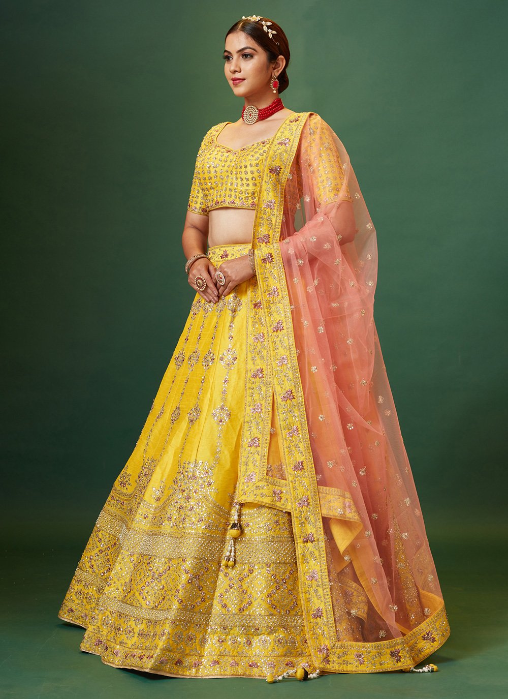 Designer Yellow Lehenga Matched With Pink Net Blouse ( Festival Discount)  #28714 | Buy Online @ DesiClik.com, USA