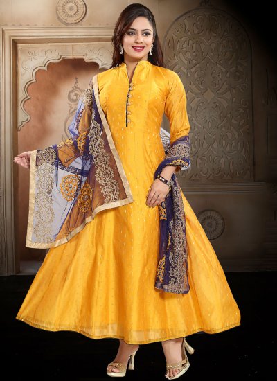 Yellow Chanderi Silk Fancy Designer Suit