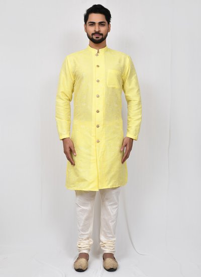 Yellow Cotton Printed Kurta Pyjama