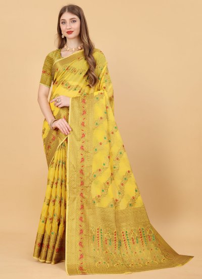 Yellow Cotton Silk Traditional Saree