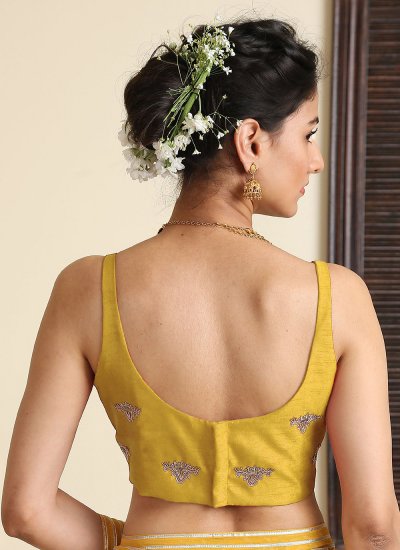 
                            Yellow Dupion Silk Embroidered Designer Blouse