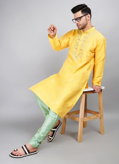 Yellow Dupion Silk Festival Kurta Pyjama