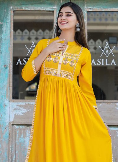 Yellow Embroidered Ceremonial Casual Kurti