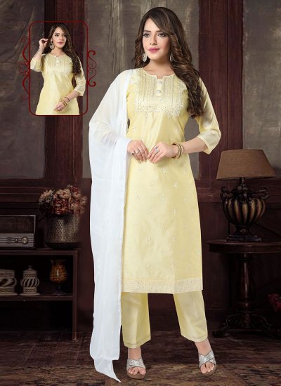 Yellow Embroidered Chanderi Silk Readymade Salwar Suit