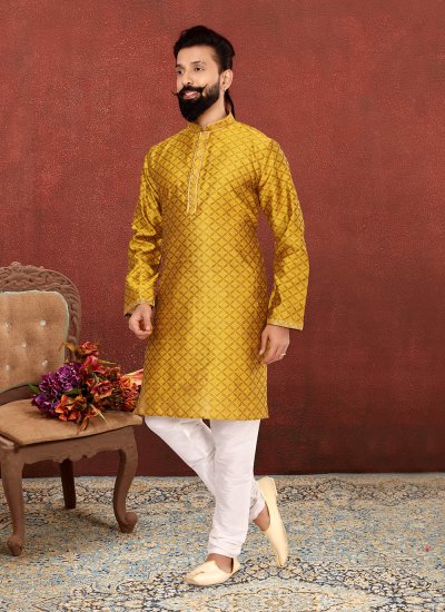 Yellow Embroidered Mehndi Kurta Pyjama